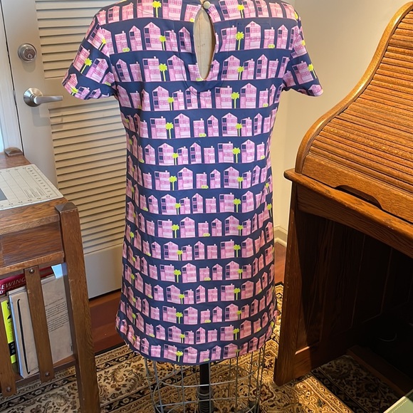 House Hunting print shift dress, pink houses on blue, designed by Borough - Picture 3 of 7